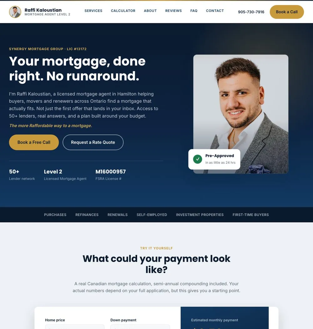 Mortgage agent website with a Canadian mortgage calculator and lead form